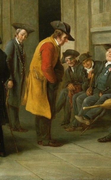 Pensioners outside the chapel at Greenwich ('An Old Tar doing Penance for his devotion to Jolly Bacchus'), Henry James Pidding, 1844 © National Maritime Museum, Greenwich, London