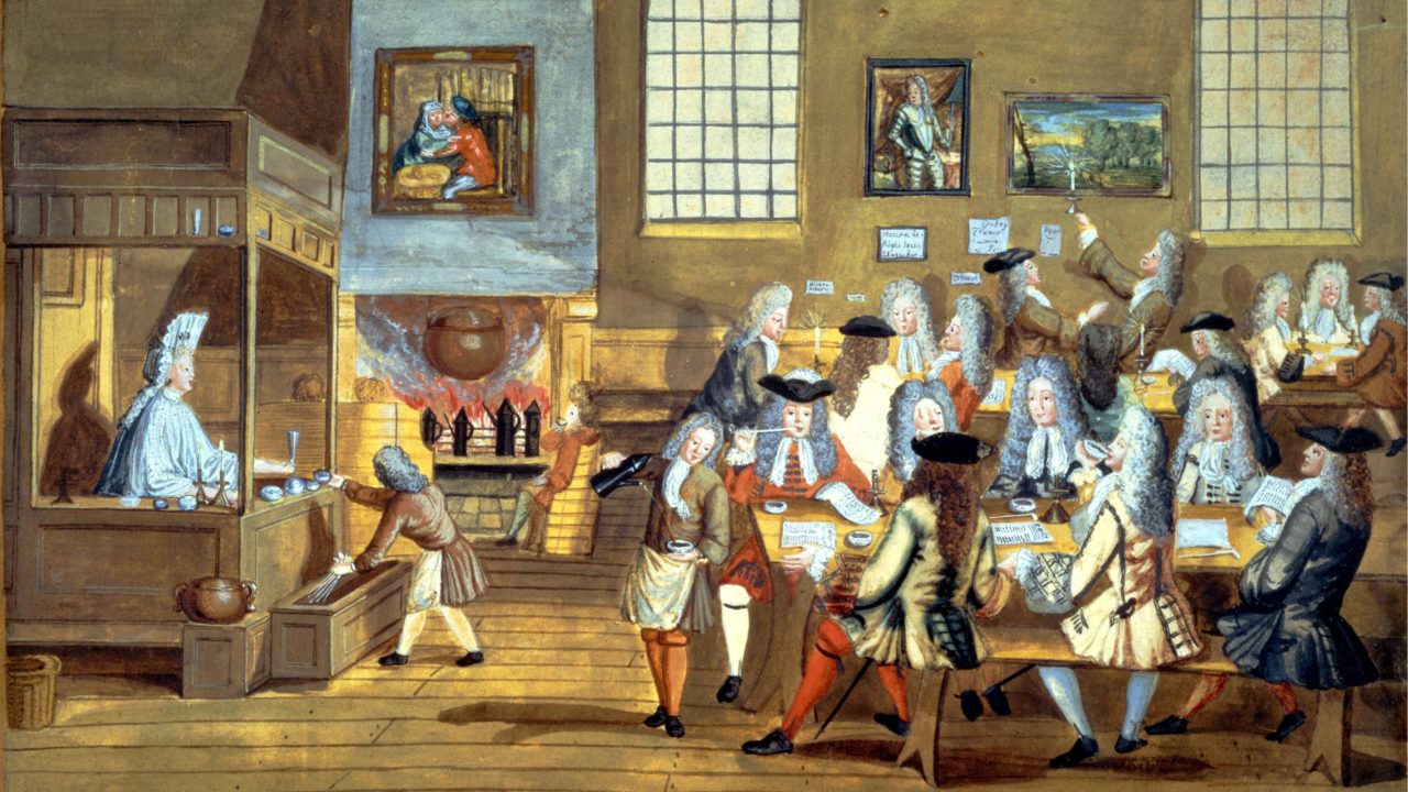 A caricature of Lloyd's Coffee House from the 17th century.
