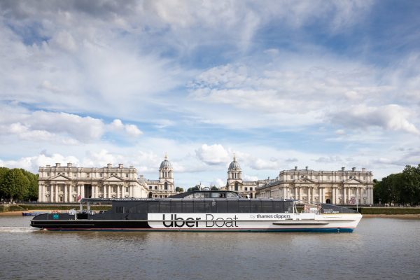 Uber Boat in front on the Old Royal Naval College